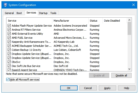 Check the box for Hide all Microsoft Services 
 Disable any services that are not essential