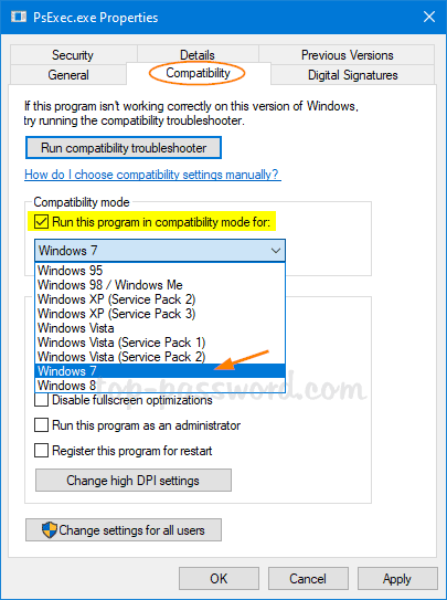 Check the box that says Run this program in compatibility mode for:.
Select the version of Windows that Battlebot.exe was designed for from the drop-down menu.
