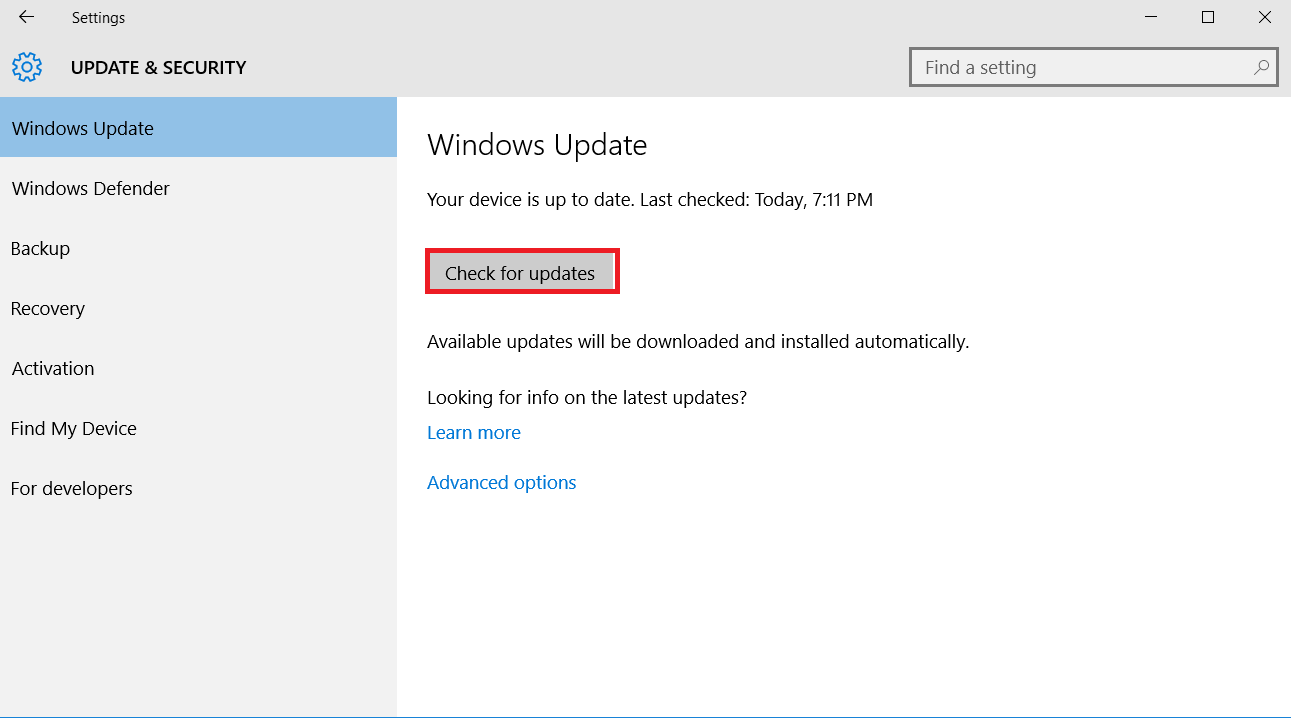 Click on "Windows Update" 
 Check for any available updates