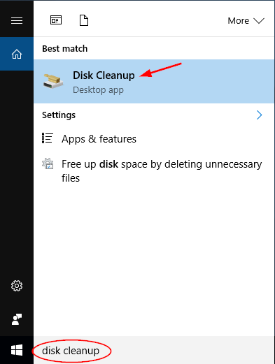 Click the Start button and then type "disk cleanup"
Select Disk Cleanup from the search results
