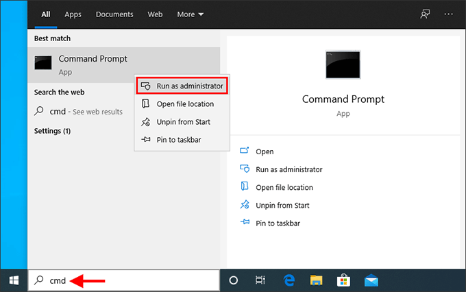 Click the "Start" button and type "cmd" in the search bar.
Right-click "Command Prompt" and select "Run as Administrator".