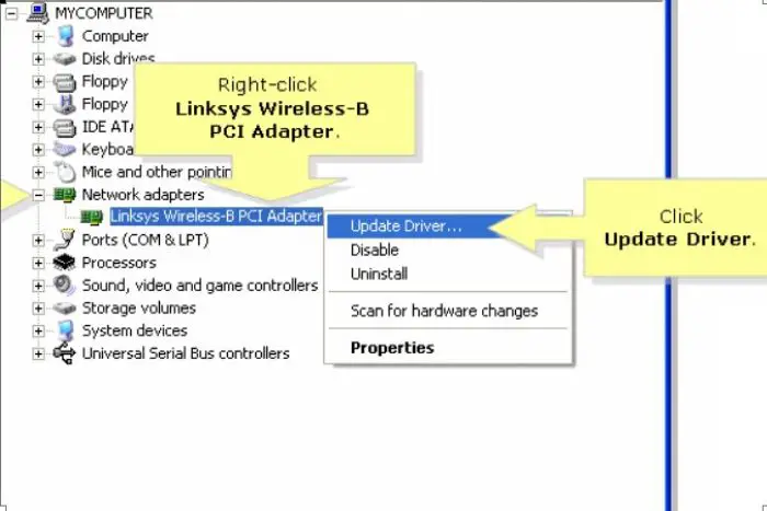 Expand the Network Adapters category
Right-click on the Broadcom Wireless Adapter and select Update driver software