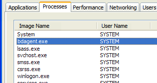Find Bdagent.exe in the list of running processes.
Click on End Process.