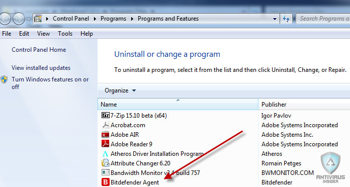 Find Bitdefender in the list of installed programs.
Click on Uninstall.