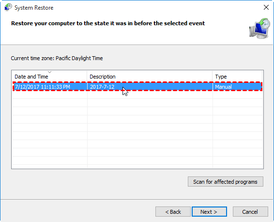Follow the prompts to select a restore point
Click Finish to restore your system to the selected restore point