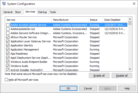 Go to the Services tab and check the box that says "Hide all Microsoft services".
Click on Disable all to disable all non-Microsoft services.