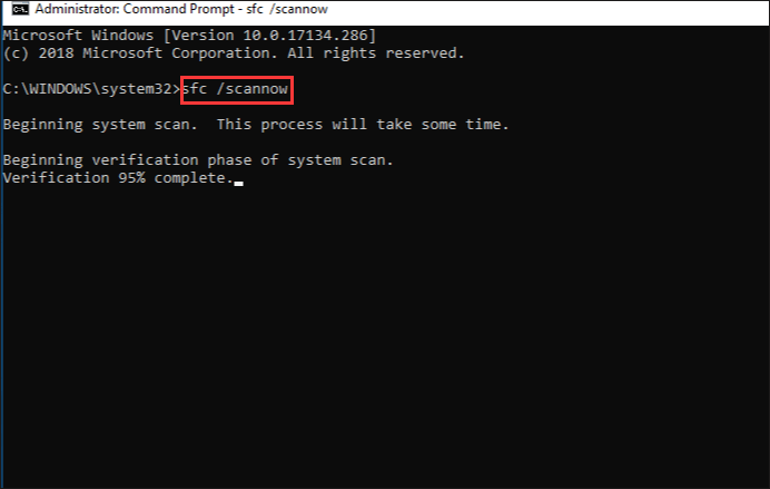In the Command Prompt, type "sfc /scannow" and press "Enter".
Wait for the system file scan to complete.