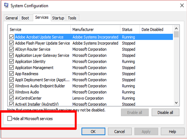 In the General tab, select "Selective startup" and uncheck "Load startup items".
Switch to the Services tab and check "Hide all Microsoft services".