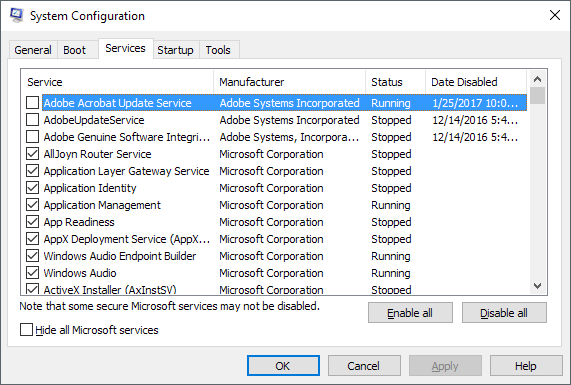 In the System Configuration window, navigate to the "Services" tab
Check the box that says "Hide all Microsoft services"