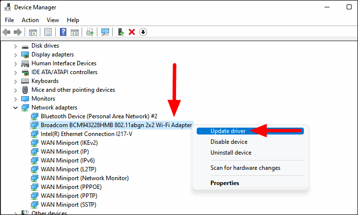 Locate the Broadcom Wireless LAN driver
Right-click on the driver and select Uninstall device
