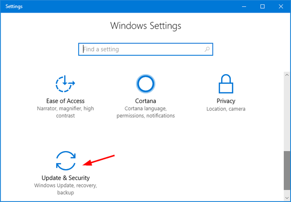 Open Settings by pressing Windows+I.
Select Update &amp; Security.