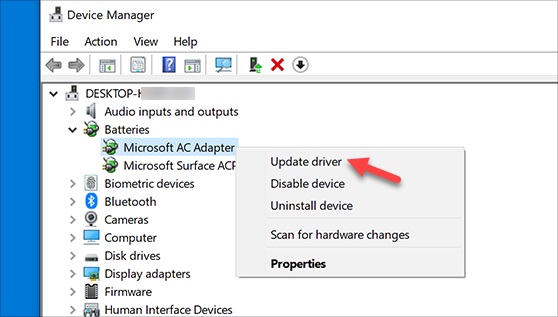 Right-click on Microsoft ACPI-Compliant Control Method Battery and select Update Driver Software
Follow the on-screen instructions to update the driver