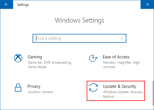 Select the "Settings" option
Click on the "Update & Security" option