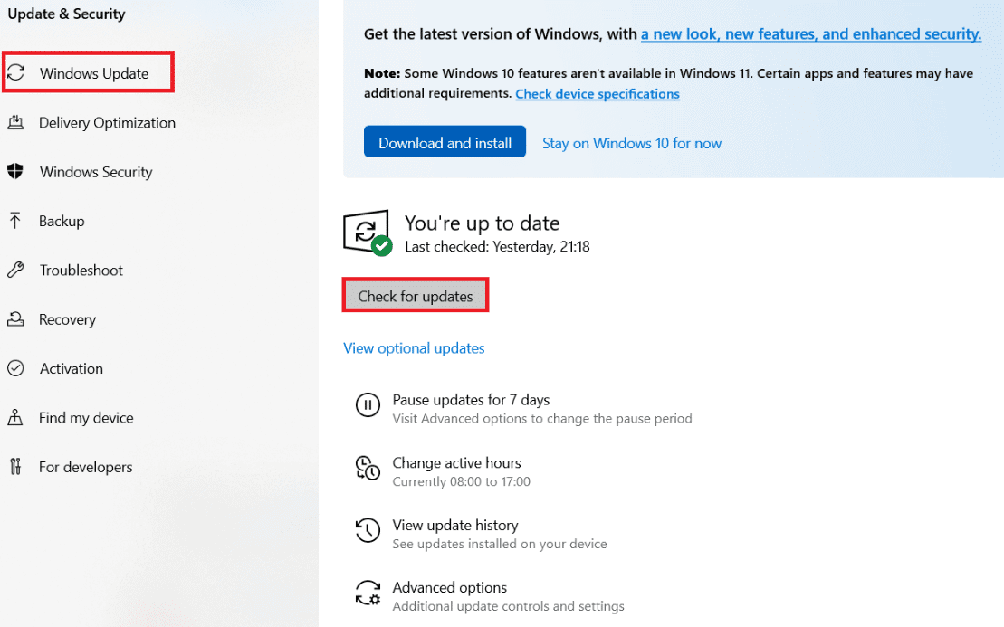 Select the "Windows Update" tab.
Click on the "Check for updates" button.