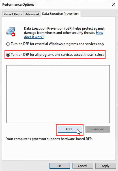 Select "Turn on DEP for all programs and services except those I select."
Add BEX.Kgn.F09.Win.exe to the list of exceptions.