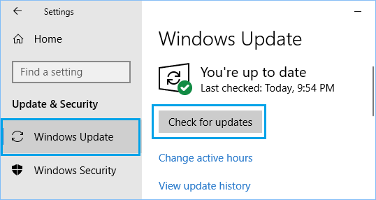 Select Windows Update settings Click on Check for updates