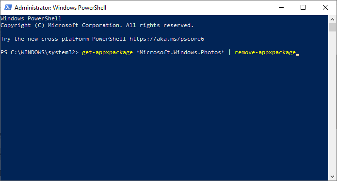 Type powershell in the Open field and click OK. Type Get-AppxPackage Microsoft.Windows.Photos | Remove-AppxPackage and press Enter.