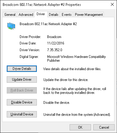 Update the Broadcom Adapter driver
Download the latest version of the driver from the Broadcom website